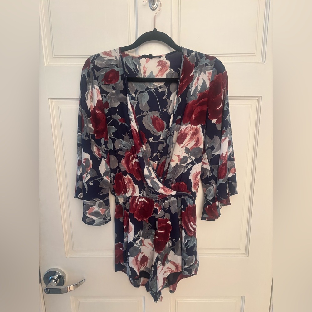 Olivaceous Red and Gray Floral Wrap Jumpsuit